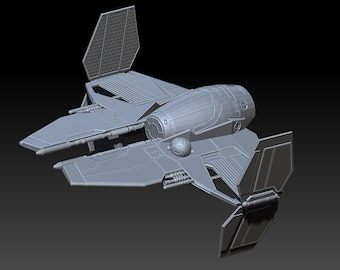 Könnte beinhalten: Ein graues 3D-Modell eines Raumschiffs mit einem schlanken, futuristischen Design. Das Raumschiff hat zwei große Flügel und eine spitze Nase.