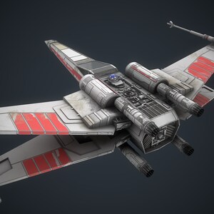 Puede incluir: Una nave espacial de combate estelar blanca y roja con un dise&ntilde;o detallado. La nave espacial tiene m&uacute;ltiples motores y una cabina.