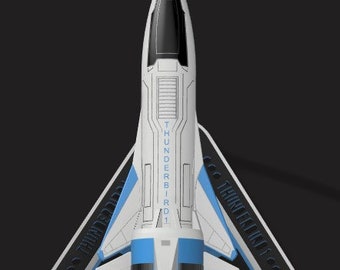 Puede incluir: Una nave espacial blanca y azul con una nariz roja, etiquetada como "THUNDERBIRD 1", está en una plataforma de aterrizaje triangular negra.