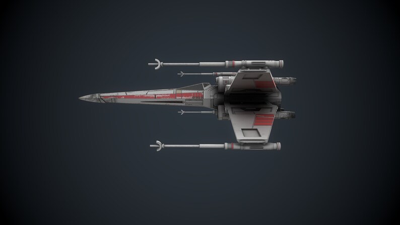 Puede incluir: Una nave espacial de combate estelar blanca y roja con dos juegos de alas y dos juegos de ca&ntilde;ones l&aacute;ser. La nave espacial est&aacute; volando en el aire.
