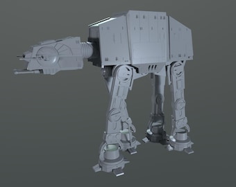 Könnte beinhalten: Ein detailliertes, graues Modell eines AT-AT-Walkers, eines fiktiven Fahrzeugs aus dem Star Wars-Universum. Das Modell ist mit gespreizten Beinen aufgestellt, als würde es gehen.