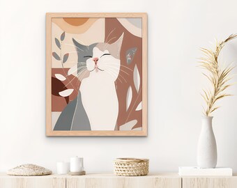 Diverso World -Boho Minimalistic Cat- Print in Classic Semi-Glossy Paper -Wooden Framed Poster - Boho Style - Wall art Décor- AI Generated