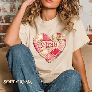 パッチワークハートママシャツ、フェイク刺繍ママTシャツ、シャビーシックコテージコアファッション