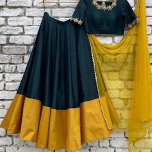 Blue and Yellow party wear, weddings, bridesmaid lehenga choli blouse with dupatta. Yellow Bollywood design with sequence