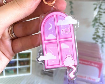 Pink Cosmic Window Key Chain | Acrylic Key Chain | Key Chain with Star Clasp | Cute Kawaii Accessories | Celestial | Stars and Moon