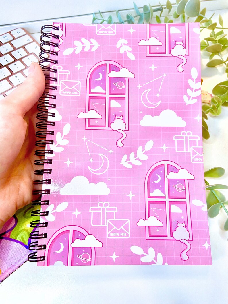 Pink Cosmic Window Cat Lined Notebook Spiral Binding Notebook A5