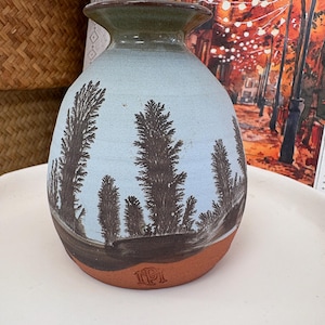 Mike Potter Hand-Thrown Vase | Welsh Studio Pottery, Tree Landscape Design (MP Signed)
