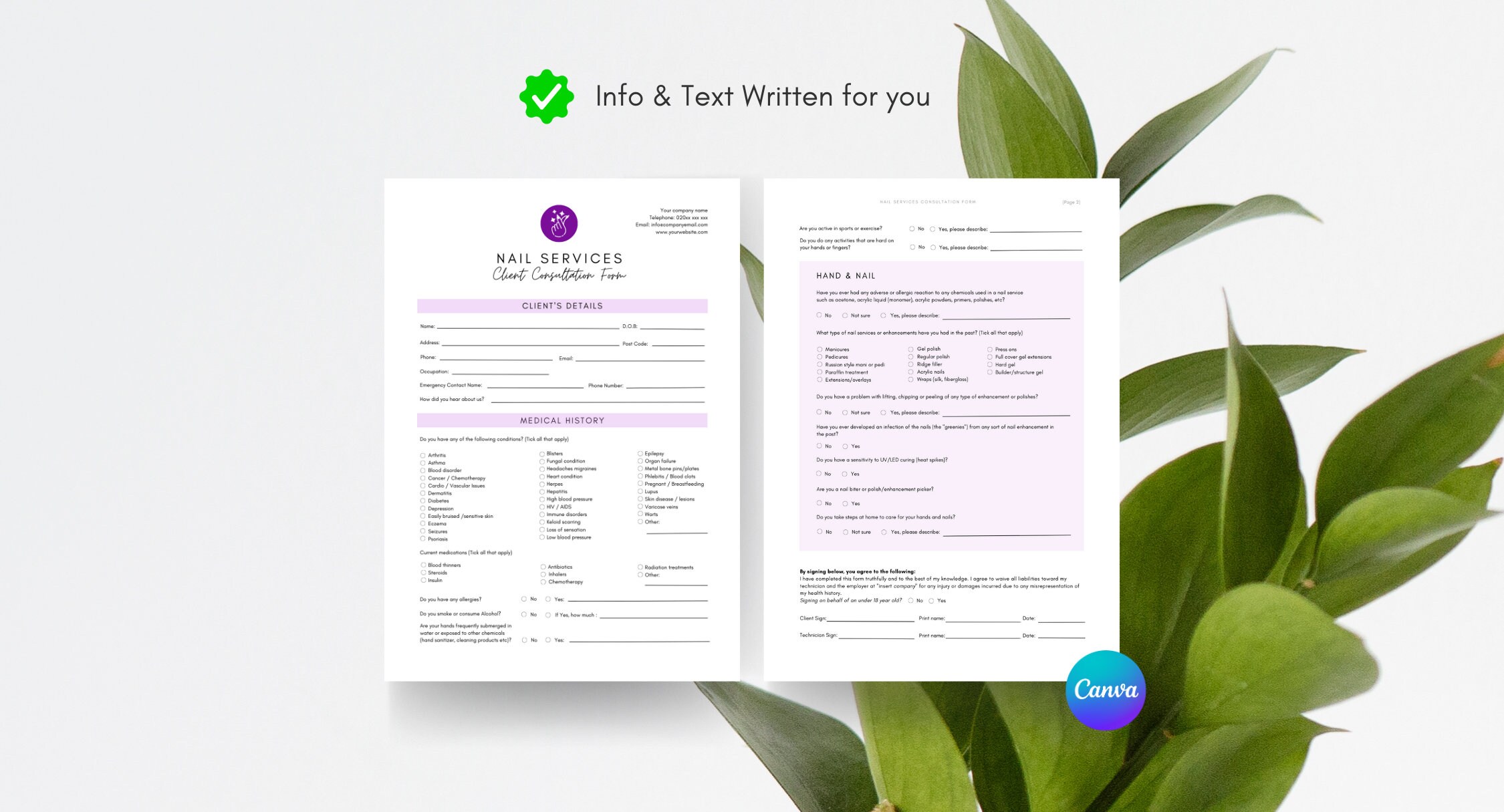 Nail Technician Forms Editable Templates Esthetician Forms Client ...