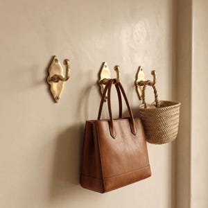 Solid Brass Minimalist Wall Hooks, Vintage Style Home Decor, Un-lacquered Patina.