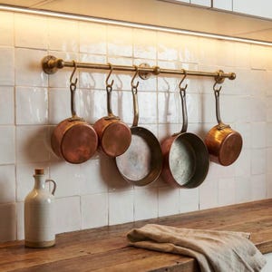 Antique Brass Kitchen Rail with S-Hooks, Wall Mount Utensil Bar, Solid Brass Pot Hanger, Vintage Style Farmhouse Pan & Pot Organizer