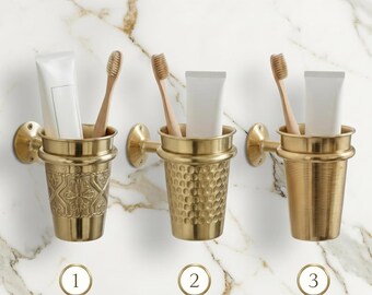 無塗装真鍮製歯ブラシホルダー、壁掛け式、彫刻入り、リブ付き、槌目仕上げ