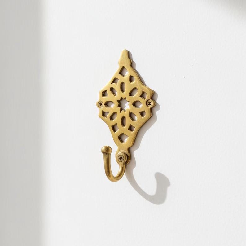 Handmade Unlacquered Brass Wall Hook: Moroccan Door & Bath Decor