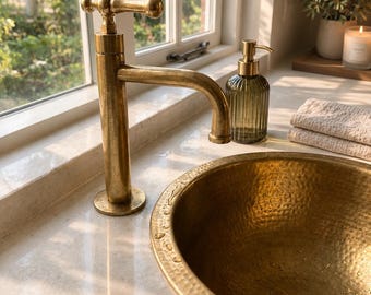 Antique Style Unlacquered Brass Single Handle Faucet, L-Shape Bathroom Tap