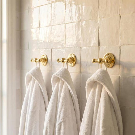 Solid Brass Double Towel Hook: Wall Mounted Bathroom Robe Hook Vintage Hardware