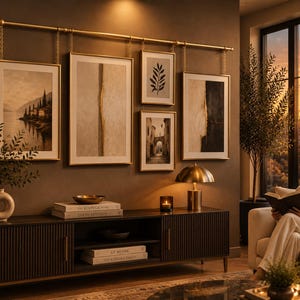 May include: A gold-toned metal rod mounted horizontally on a wall, featuring five framed art prints suspended by gold chains. The prints display varied imagery including landscapes, abstract textures, and botanical illustrations in neutral tones.