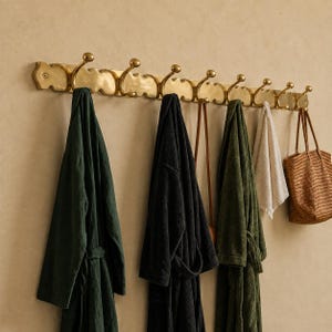 Pode incluir: Um longo cabideiro de parede horizontal em latão com oito ganchos curvos. Pendurados nos ganchos estão um roupão verde-escuro, um roupão preto, uma alça fina castanha, uma toalha verde-escura, um pano branco e uma mala entrançada castanha.