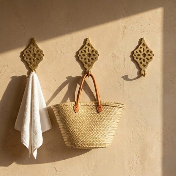Handmade Moroccan Brass Wall Hook – Vintage Coat, Towel Hanger, Unlacquered Brass, Rustic Door