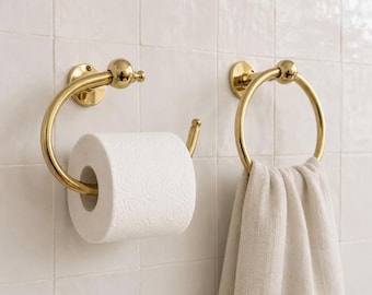 Hammered Brass Bathroom Set, Unlacquered Solid Brass Towel Ring & Toilet Paper Holder, Wall Mount Bathroom Hardware
