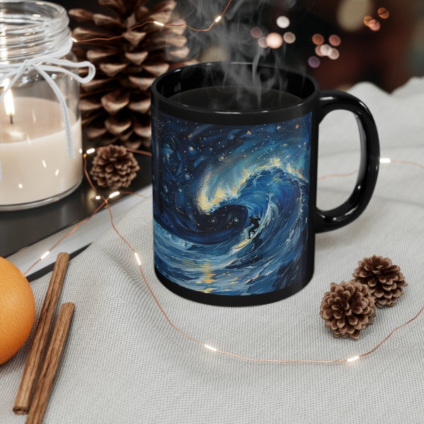 Surfing Black Mug 11oz Beach Painting Mug Design Surfing Mug Surfing Coffee Cup Surfing Coffee Mug Night Surfing Desing Mug Gift