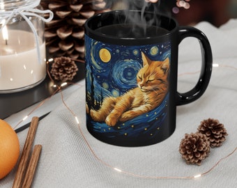 Sleeping Cat Starry Night Ceramic coffee Mug Cat Lover Coffee Cup Art Black Mug Cat Design Gift Cat Mug Coffee Cup Gift Starry Night Design