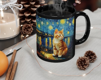Yellow Cat Starry Night Black Mug Cat Starry Night Ceramic Coffee Mug Cat Lover Coffee Cup Cat Design Gift Cat Mug Starry Night Design