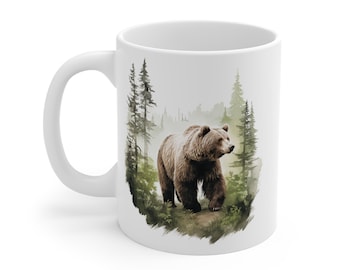 Taza de café con diseño de oso, taza con diseño de bosque, taza con diseño de naturaleza, taza con diseño de vida silvestre, taza con arte de oso, taza de café de cerámica, regalo de bosque