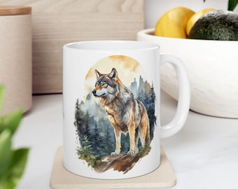 Wolf Mug Wolf and Forest Desing Ceramic Mug Coffee Mug Wolf Cup Wolf Mug Wolf Art Coffee Mug Ceramic Mug Outdoors Mug Design Gift Cup