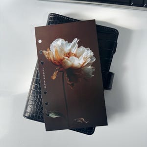 May include: A rectangular planner insert featuring a dark brown background with a large, detailed white and amber peony flower. The left side has six punched holes and the text JAVAN BUDGETS printed vertically in a small, clean, sans-serif font.