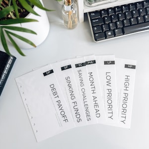 May include: White planner inserts with black text labels such as "Debt Payoff," "Sinking Funds," and "High Priority." The inserts are arranged on a light surface, with a keyboard and plant in the background.