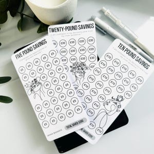 May include: Three printable savings trackers with floral illustrations. The trackers are for saving £5, £10, and £20. Each tracker has a total savings amount listed at the bottom. The text on the trackers reads "Challenges are opportunities to grow and improve", "I am confident in my decisions and trust my inner guidance", and "I am confident in my decisions and trust my inner guidance".
