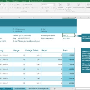 May include: A screenshot of a spreadsheet program with a blue and green color scheme. The spreadsheet is titled "Rechnung für Projekt 2" and contains columns for "Artikelnr.", "Beschreibung", "Menge", "Preis je Einheit", "Rabatt", and "Preis".