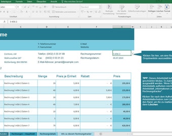 May include: A screenshot of a spreadsheet program with a blue and green color scheme. The spreadsheet is titled "Rechnung für Projekt 2" and contains columns for "Artikelnr.", "Beschreibung", "Menge", "Preis je Einheit", "Rabatt", and "Preis".