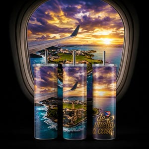 Puede incluir: Tres vasos de viaje de acero inoxidable con un diseño vibrante de puesta de sol y ala de avión. Los vasos presentan una vista de una ciudad costera y el texto "de vuelta a casa". Cada vaso tiene una pajita plateada.