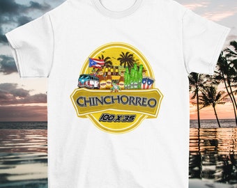 May include: White t-shirt with a yellow circle graphic featuring a beach scene with palm trees, a van, and beer bottles. The text "CHINCHORREO 100 X 35" is inside the circle.