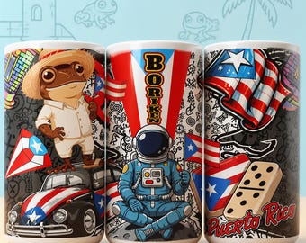 May include: Three ceramic mugs with Puerto Rican designs. One mug features a frog in a straw hat, another an astronaut, and the third a waving flag. The mugs have a black and white background with the words "Puerto Rico".