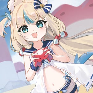 May include: An anime-style character with blonde hair, pointed ears, and blue eyes, wearing a white and navy blue sailor-themed outfit with a striped bow. The character holds a small red crab-shaped object and wears a life preserver on one arm.