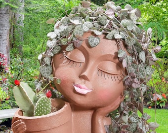Brown Girl face &quot;Vicky&quot; double planter pot .Double Flower Pots in One for Indoor Outdoor Plants Resin Head Planter with Drainage Hole