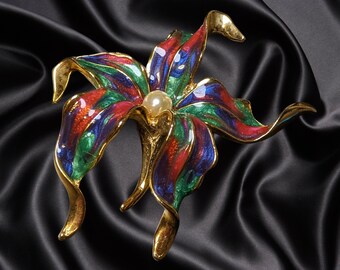 Vintage Multicolor Iris flower brooch, 2 1/2 x 2  1/2&quot; in gold and red blue and green tones and a pearl in the center