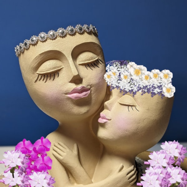 Mother and child "Mary" face planter pot. Double Heads Flowerpot, Female Statue Flower Pots with Drainage for Indoor Outdoor Succulents,