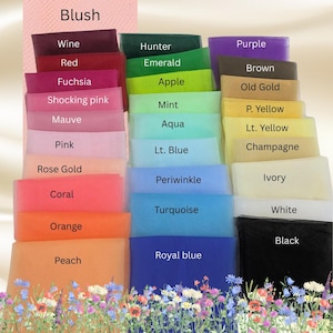 May include: A selection of tulle fabric swatches in a range of colours, such as wine, red, and fuchsia, with labels. The colour palette includes greens, blues, yellows, and neutrals. The word "Blush" is at the top.