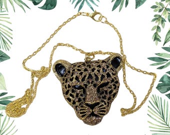 Fierce Leopard Head Necklace with Golden Rhinestones on 20&quot; Gold Chain, Bold Statement Animal Jewelry, Wild Cat Pendant