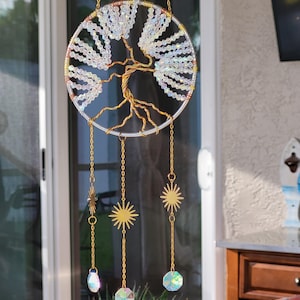 Tree of Life suncatcher 4&quot; diameter and 17&quot; total length  with silver gold and copper wire and AB crystal beads.