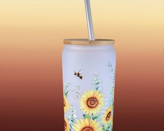 Frosted 16oz Glass Tumbler with Bamboo Lid, Straw & Cleaning Brush | Sunflower Bee Cup | Reusable Iced Coffee Glass | Gift Box Included
