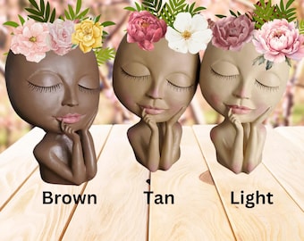 X Large or Large Girl face &quot;Sandy&quot; in a &quot;thinking&quot; gesture head planter Light Tan or Brown Cute Resin Cactus Planter with Drainage Hole