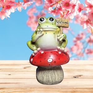 Whimsical Frog Figurine on Mushroom Welcome Sign 6&quot;x4&quot; | Garden Decor with Sparkling Rhinestones, Gift for her, Birthday gift.