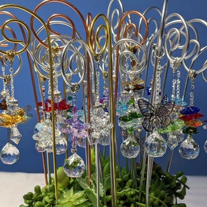 Fairy garden sun catcher wands plant pot stake, 14 to 14.5 inches choose from with silver, gold or copper wire. RUSH ORDERS AVAILABLE