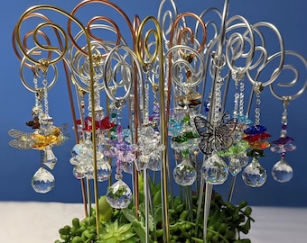 Fairy garden sun catcher wands plant pot stake, 14 to 14.5 inches choose from with silver, gold or copper wire. RUSH ORDERS AVAILABLE