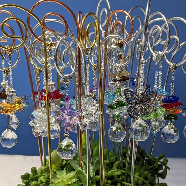 Fairy garden sun catcher wands plant pot stake, 11 to 11.5 inches  choose from with silver, gold or copper wire. RUSH SHIPPING AVAILABLE.