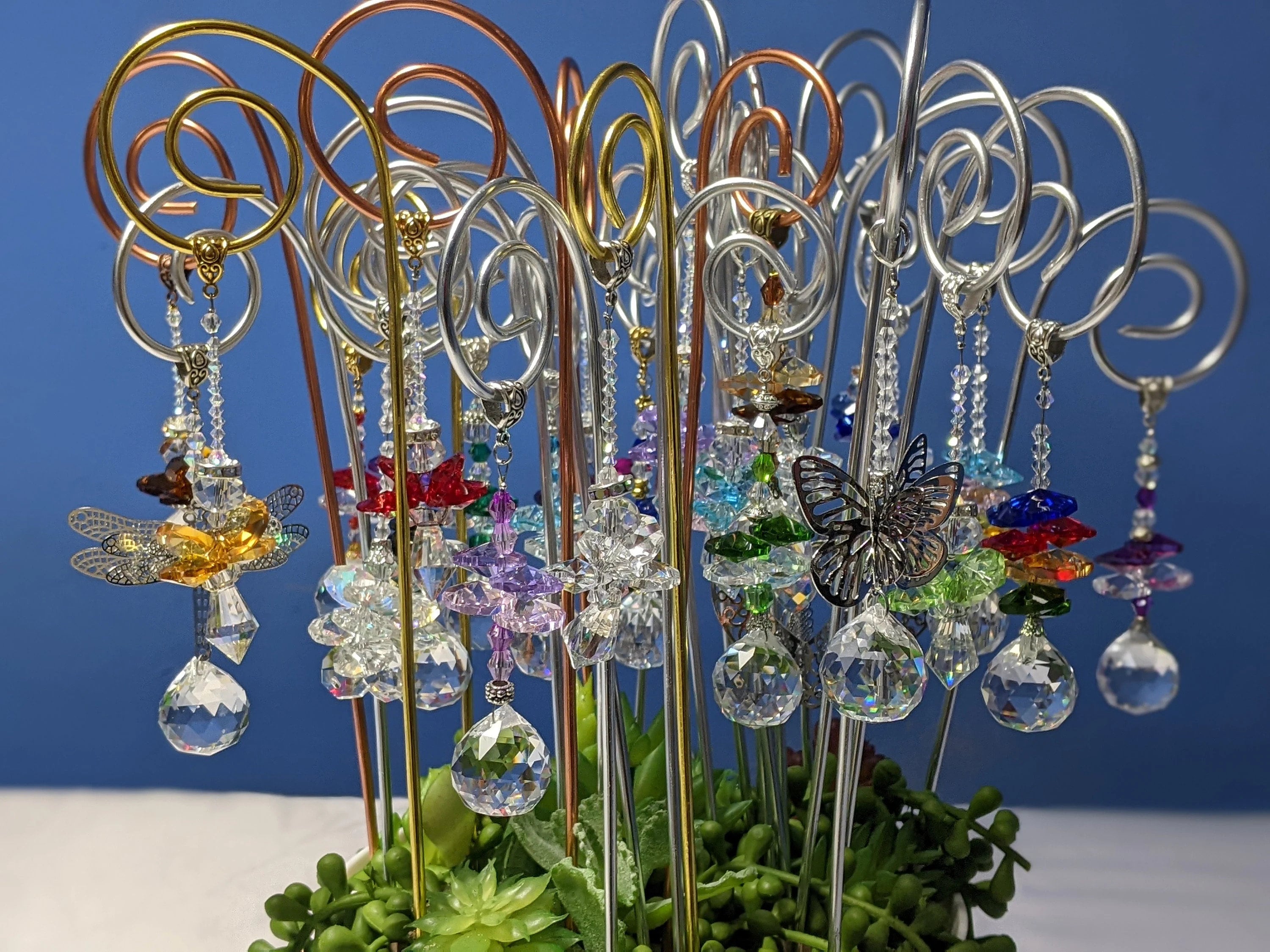 Fairy garden sun catcher wands plant pot stake, 11 to 11.5 inches  choose from with silver, gold or copper wire. RUSH SHIPPING AVAILABLE.