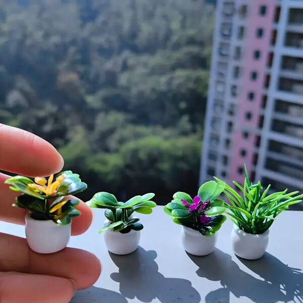 4pcs Miniature Artificial Potted Plants for Dollhouse and Garden Decoration - Realistic Bonsai and Flowers in Tiny Pots